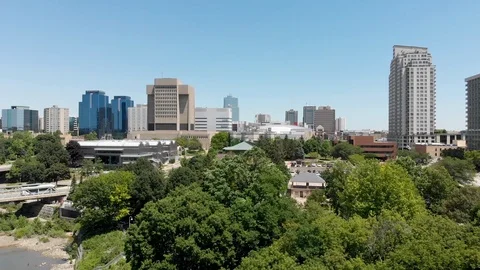 Drone shot of downtown London, Ontario, Canada from the fork of the Thames Stock Footage