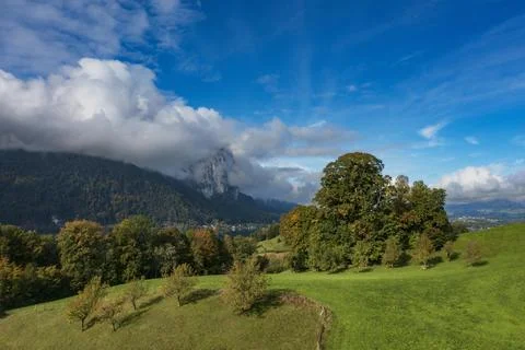 Drone shot dramatic cloud atmosphere at Pichlauhof with Drachenwand Mondsee Stock Photos