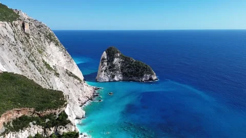 Drone Shot of Dramatic White Cliffs and Deep Blue Sea at Plakaki, Zante Stock Footage 333388426