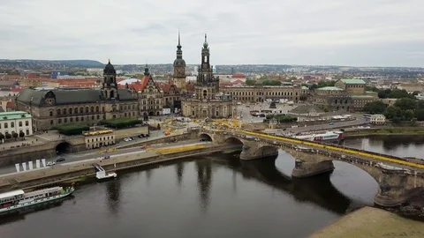 Drone shot of Dresden city along river Elbe Stock Footage 120152182