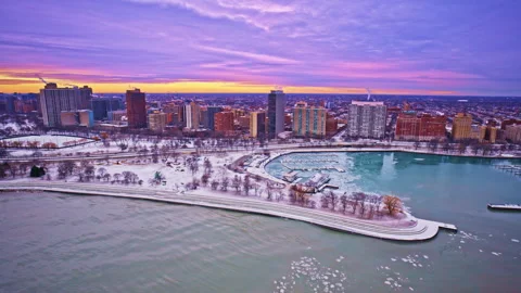 Drone shot drifting across the Loop skyline at dawn in winter. Stock Footage 331836350