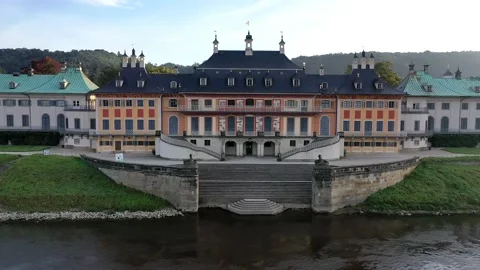 Drone shot drone flight from the Elbe with close up of Pillnitz Palace and the Stock Footage 205099747