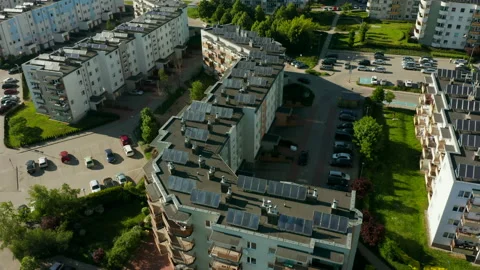 Drone shot from drone solar power plant located roofs buildings. Stock Footage 182387745