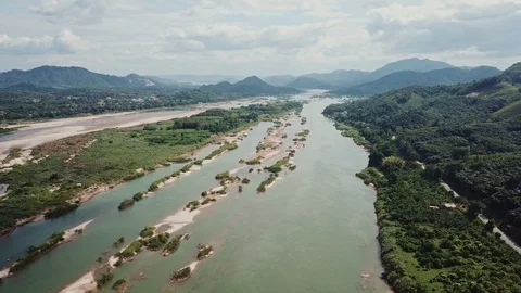 Drone shot, Drought in Mekong River with water level lowering Stock Footage 125284552