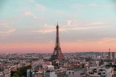 Drone shot of the Eifel tower and surrounding buildings in Paris, France Stock Photos