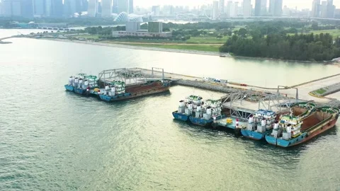 Drone shot of empty cargo ships moored, Singapore Stock Footage 151567689