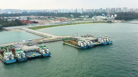 Drone shot of empty cargo ships moored, Singapore Stock Footage 151567741