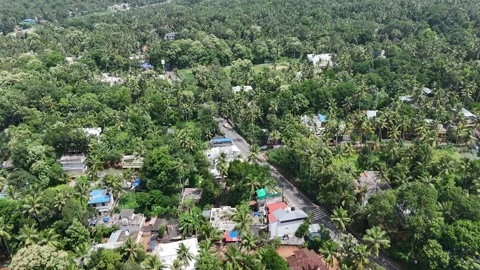 Drone shot featuring the lush tropical landscape around Vizhinjam with coconut 動画素材 345080316