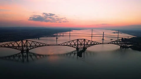 Drone Shot of Firth of Forth Three Bridges at Sunset Stock Footage 172550036