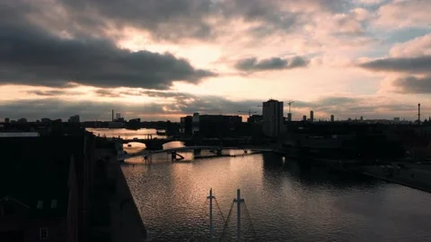 Drone shot of five circle bridge in Copenhaguen at sunset Stock Footage 220841129