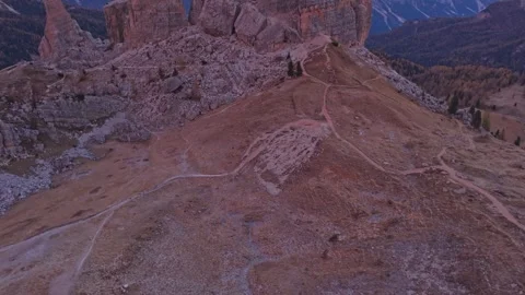 Drone shot of Five Towers rock at dawn in Cortina d'Ampezzo, Dolomites Stock Footage 321600599