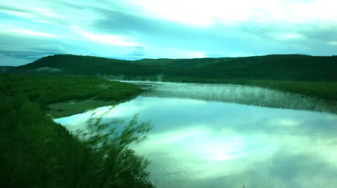 Drone shot flight light over mystic river with beautiful sky Stock Footage 53060626