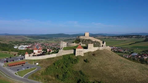 Drone shot fly away of Rupea fortified citadel in Brasov Video stock 167560422