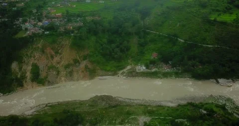 Drone shot fly to of river in uttrakhand Stock Footage 219610889