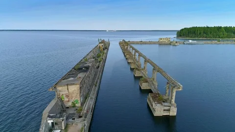 Drone shot fly through of abandoned submarine dock Stock Footage 92352241