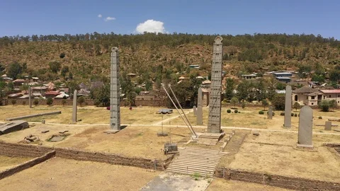 Drone shot flying around famous obelisk towers in Aksum, tourism Ethiopia Stock Footage 114309915