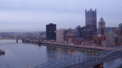 Drone shot flying away from Smithfield Street bridge revealing Pittsburgh Stock Footage 59383493