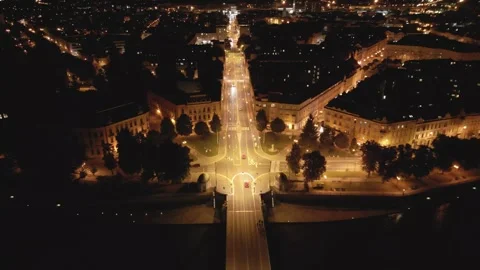 Drone shot flying. Czech Republic. Hradec Kralove. A Nighttime Drone View. Stock-Footage 296780296