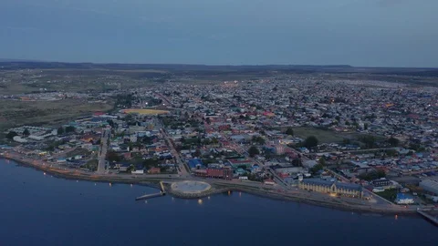 Drone Shot Flying Down to the City of Puerto Natales Stock Footage 100640840