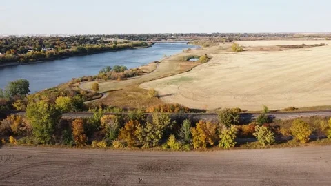 Drone Shot Flying Over Beautiful Scenic View in Saskatoon, Canada Stock Footage 140972129