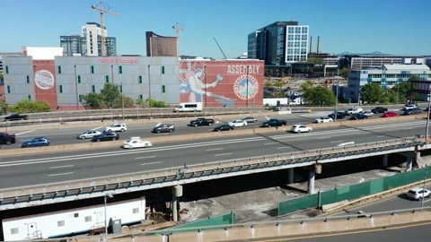 Drone Shot Flying Over Boston Highway Towards Assembly Row in Somerville MA Stock Footage 236402985