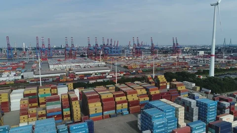 Drone shot flying over container terminal of Port of Hamburg in Germany Stock Footage 85848027
