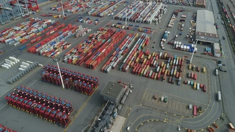Drone shot flying over container terminal Port of Hamburg, economy Germany Stock-Footage 85913135