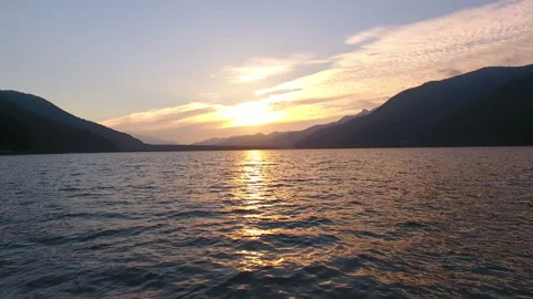 Drone shot flying over Lake Saiko at sunset. Stock Footage 328644862