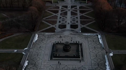 Drone shot flying in Statue Park in Oslo, Norway Stock Footage 124030561
