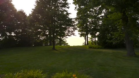 Drone shot flying though back yard over cliff to lake. Video stock 283695838