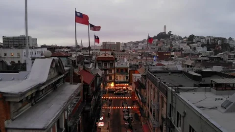 Drone shot flying through the streets in China Town San Francisco 4k Stock Footage 113360641