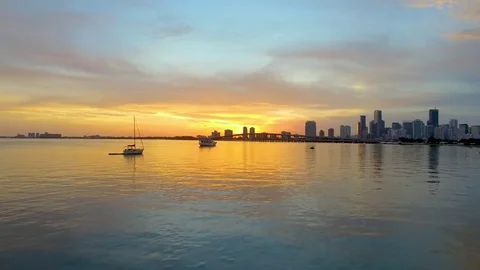 Drone Shot Flying Towards the Sunset from Key Biscayne in 4K Stock Footage 84241599