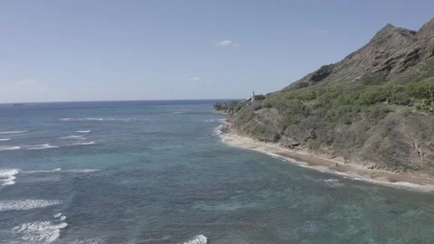 Drone shot focusing on a lighthouse as it flies out towards the Stock Footage 124441759