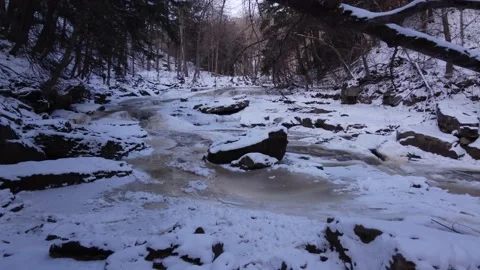 Drone shot framed by branches to reveal amazing frozen river Stock Footage 228475810