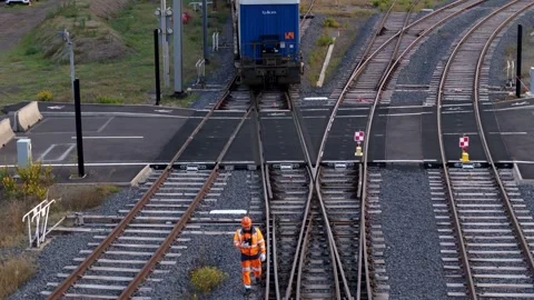 Drone Shot Freight Train Entering Rail Yard Overcast Day France Stock Footage 338371734