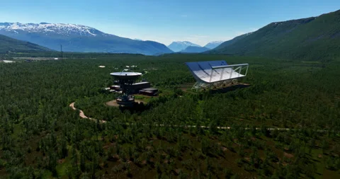Drone shot in front of the VHF antenna and the UHF parabolic reciever at Stock Footage 247114497