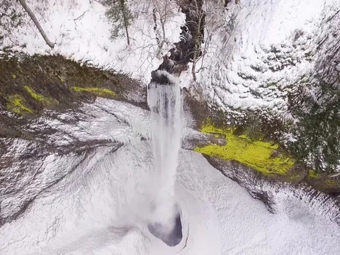 Drone Shot Of Frozen Latourell Waterfall-Columbia Gorge Stock Footage