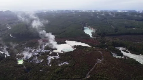 Drone Shot of Geothermal Craters and Fumaroles at Wai-O-Tapu, Rotorua, New Stock Footage 346477540