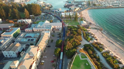 Drone shot of goods train rail transport in suburban Perth, Australia Video stock 273143954