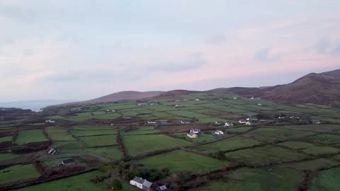 Drone Shot of Green Patchwork Fields in Eyeries on the Beara Peninsula in Cork Stock Footage 333716209