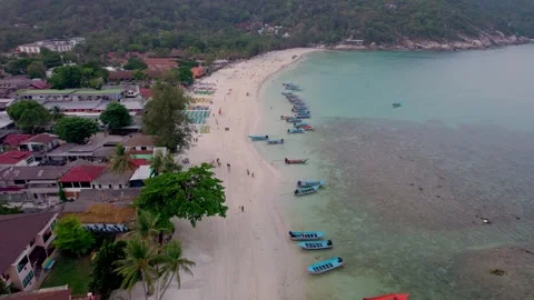 Drone shot of Haad Rin beach, boats on koh-phangan island,Thailand,sunset Stock Footage 277283828