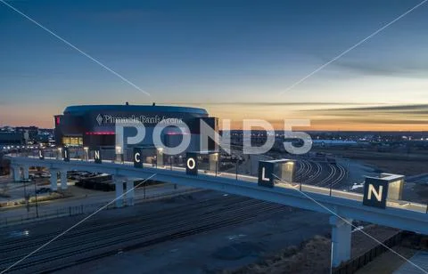 Drone shot of Haymarket Bridge and Arena, Lincoln Nebraska Stock Photos