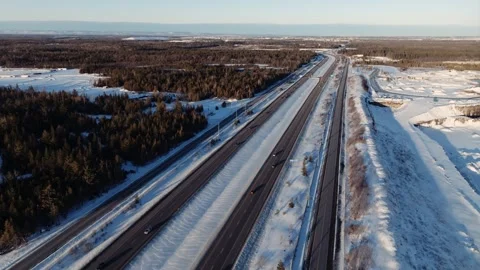 Drone shot of highway 7 leading toward the city of Ottawa Canada at sunset Stock Footage 243173636