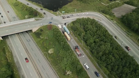 Drone shot on highway junction, Traffic of highways, Highway interchange. Stock Footage 248730144