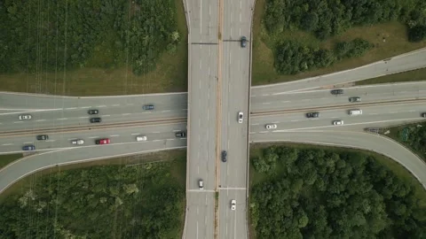 Drone shot on highway junction, Traffic of highways, Highway interchange. Stock Footage 248730189