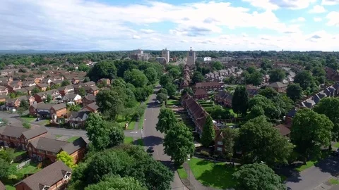 Drone shot of a highway in Manchester, England, front Stock Footage
