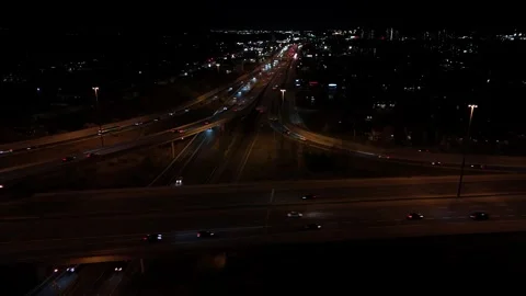 Drone shot of Highways 7 + 8 in Kitchener at night Stock Footage 291484050
