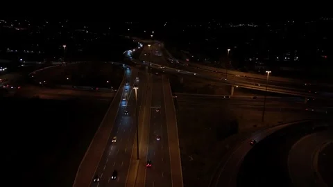 Drone shot of Highways 7 + 8 in Kitchener at night Stock Footage 291484610