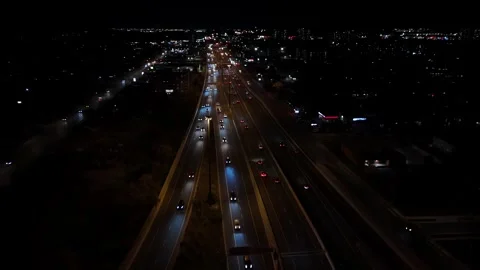 Drone shot of Highways 7 + 8 in Kitchener at night Stock Footage 291485130