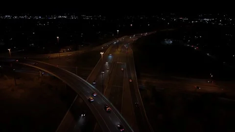 Drone shot of Highways 7 + 8 in Kitchener at night Stock Footage 291485285